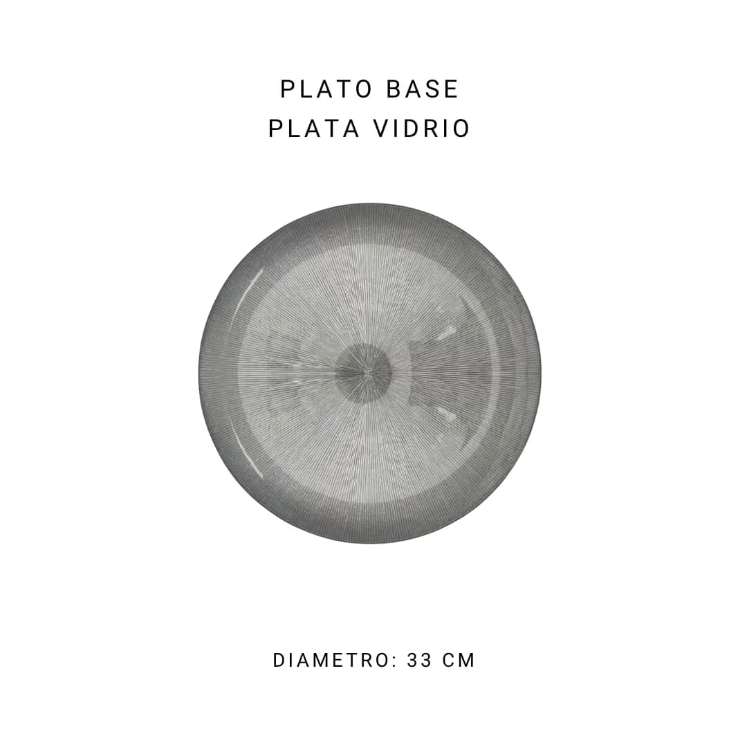 Plato base plata vidrio 33 cm — alquiler en Bogotá