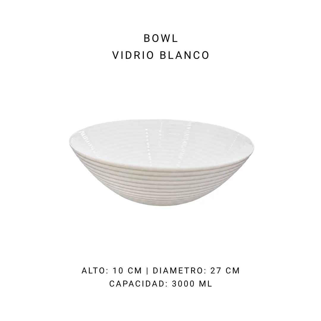 Bowl blanco vidrio (27 cm) — alquiler en Bogotá