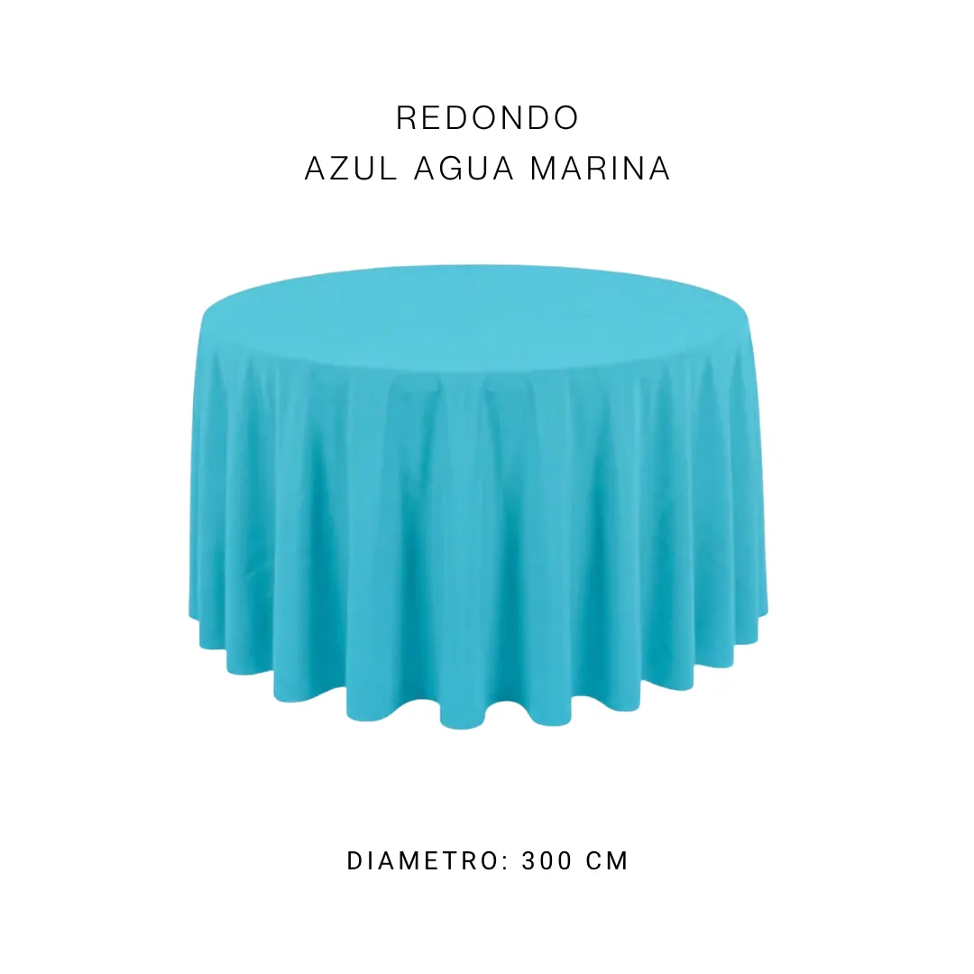 Mantel redondo azul agua marina — alquiler en Bogotá