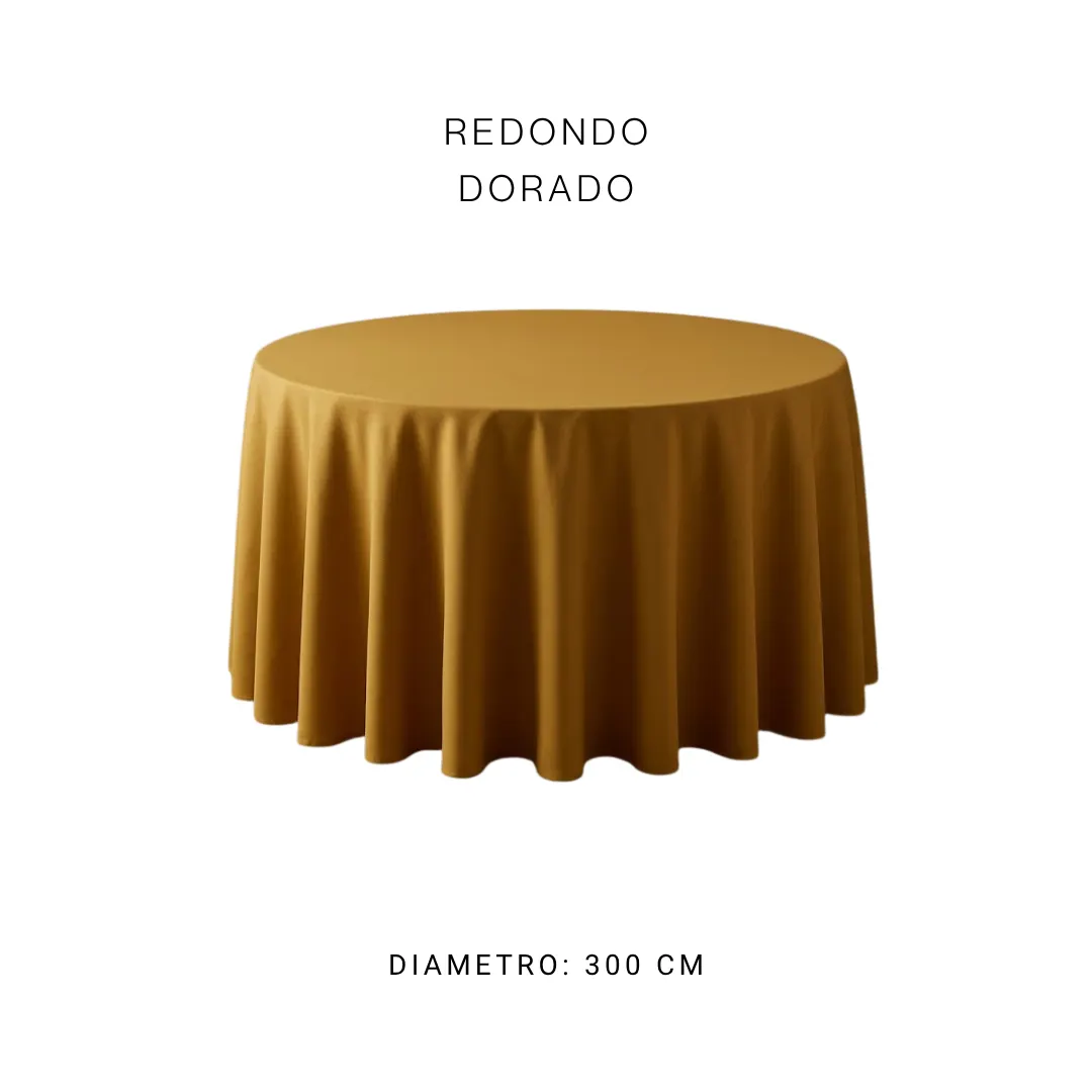 Mantel redondo dorado — alquiler en Bogotá