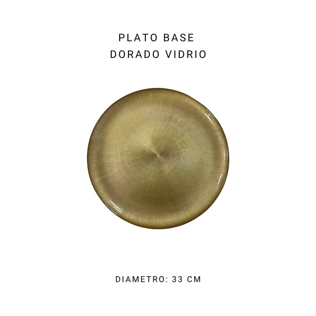 Plato base dorado vidrio 33 cm — alquiler en Bogotá