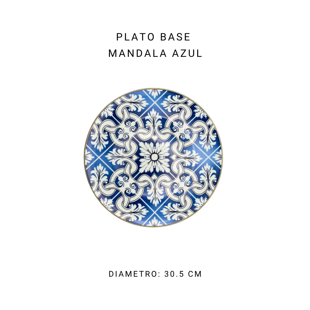 Plato base mandala azul de 30.5 cm (uso decorativo) — alquiler en Bogotá