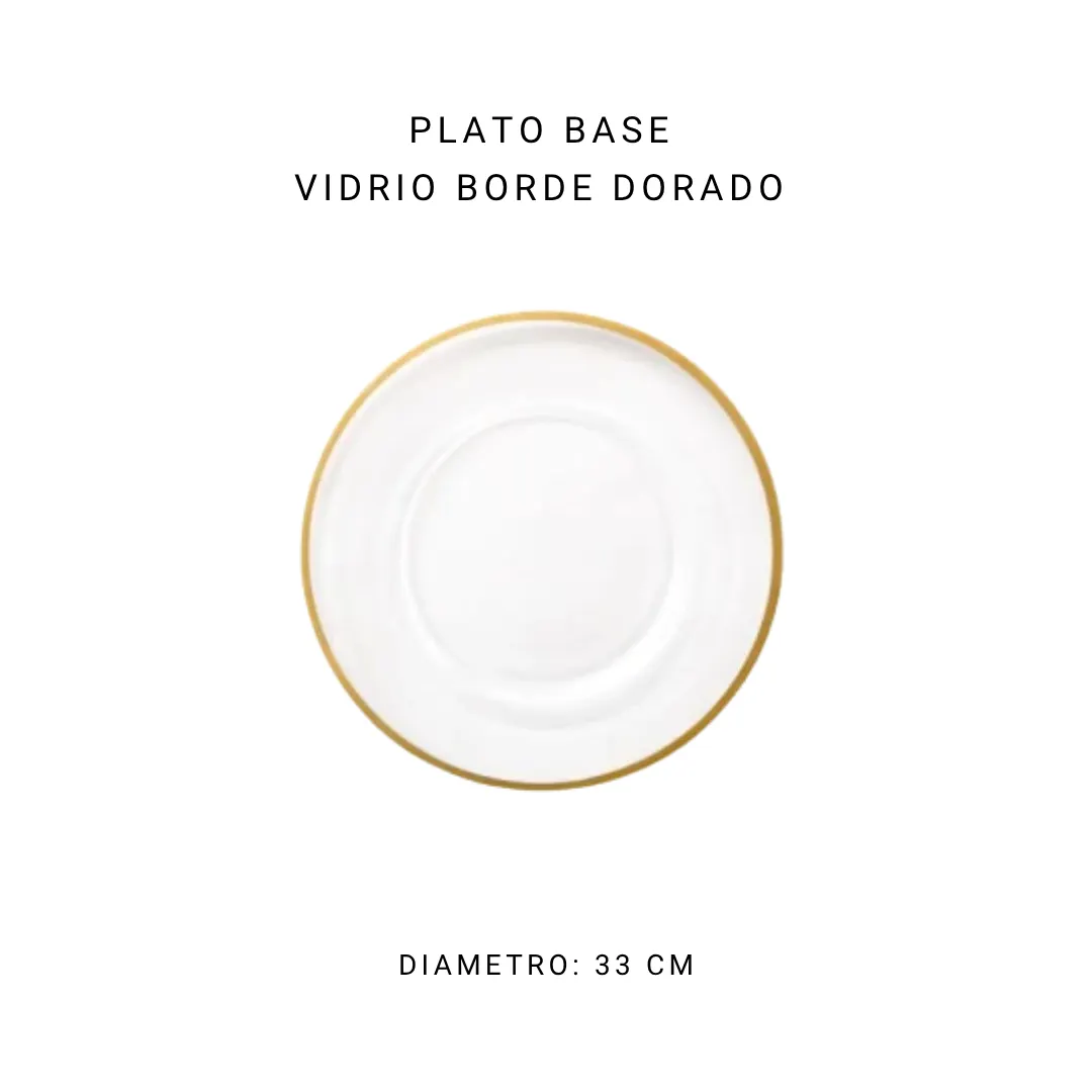 Plato base vidrio borde dorado 33 cm — alquiler en Bogotá
