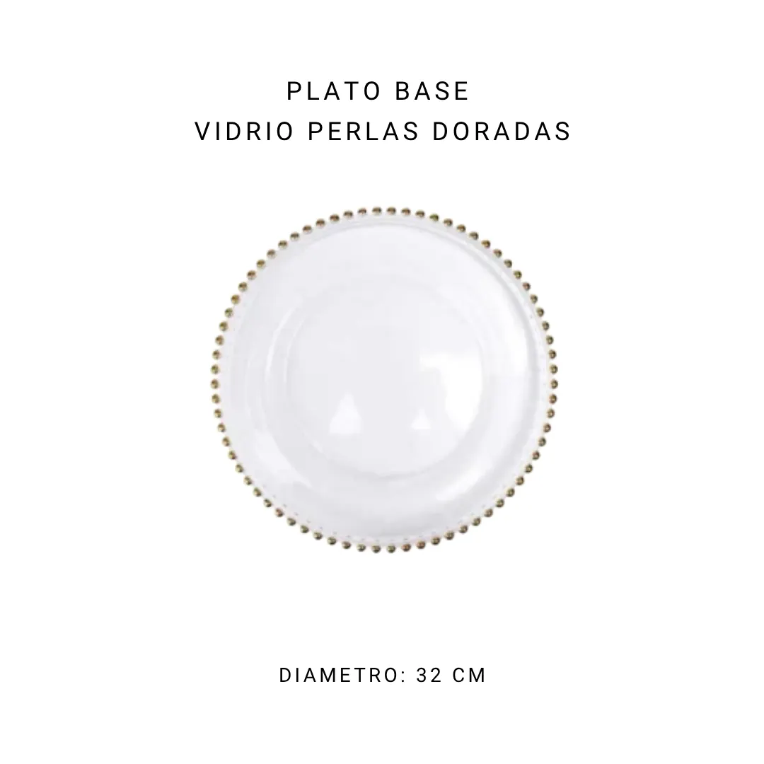 Plato base vidrio perlas dorado 33 cm — alquiler en Bogotá