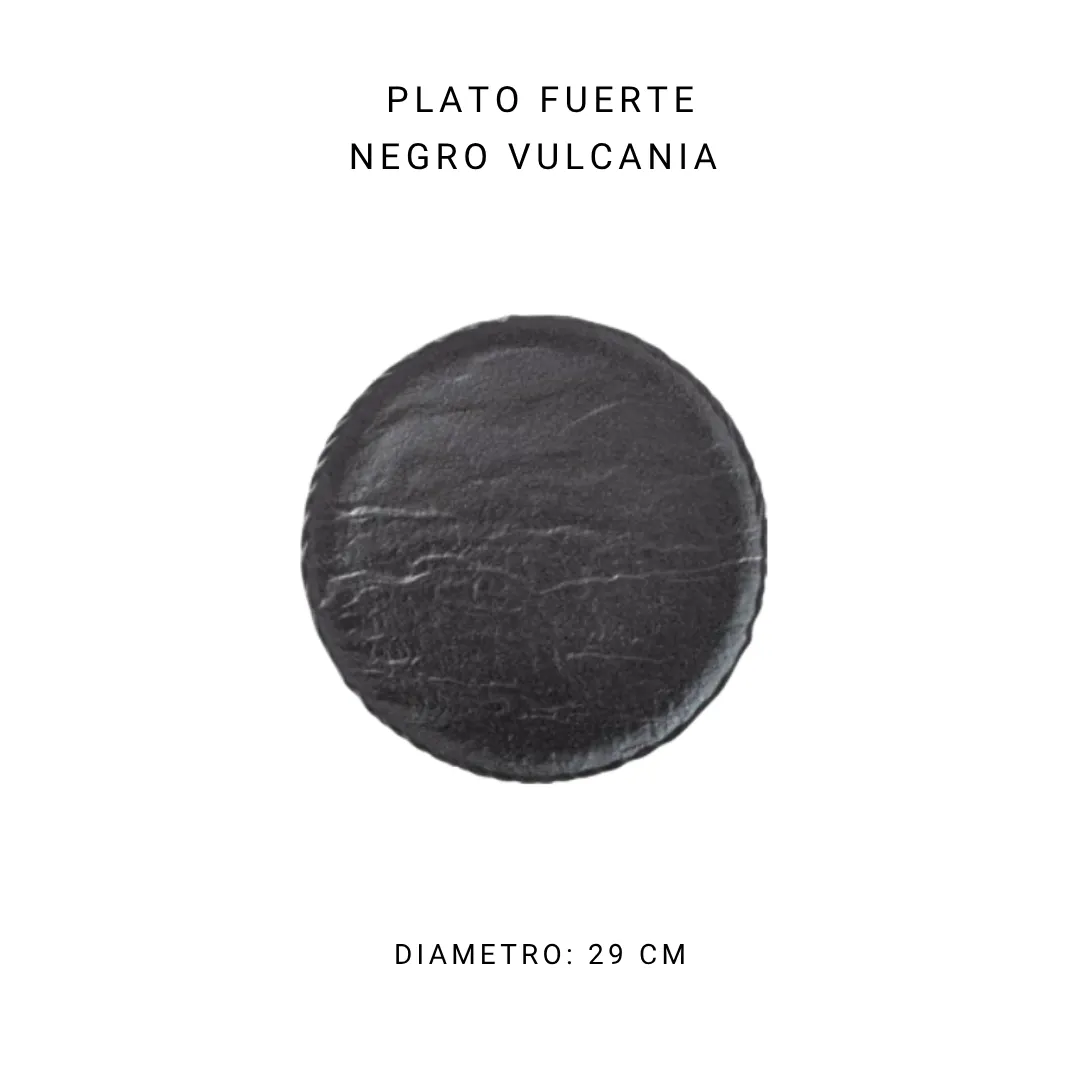 Plato fuerte negro Vulcania de 28 cm — alquiler en Bogotá