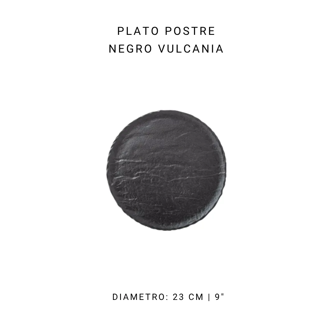 Plato postre negro Vulcania de 23 cm — alquiler en Bogotá